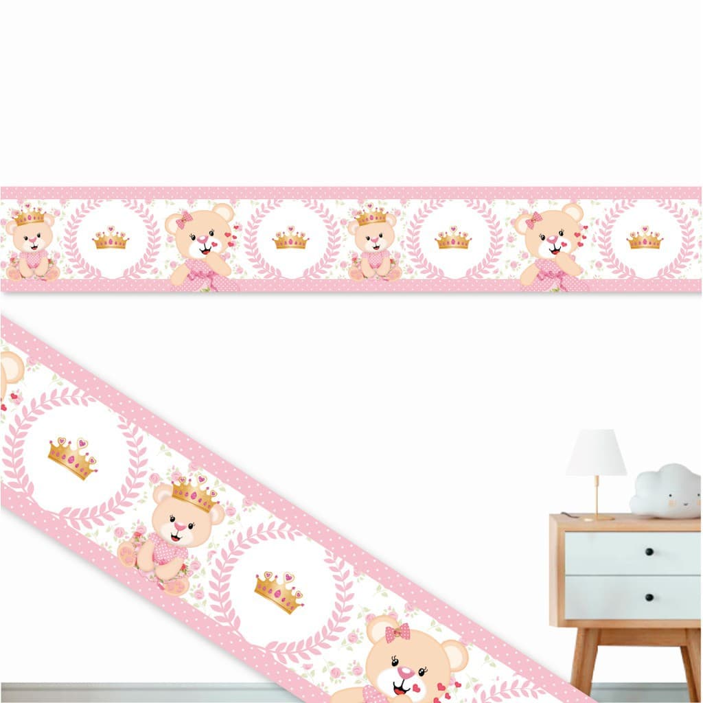1 Faixa Adesiva Decorativa de Parede Ursinha Princesa Floral - Quarto de Menina.RCC DECORAÇÕES