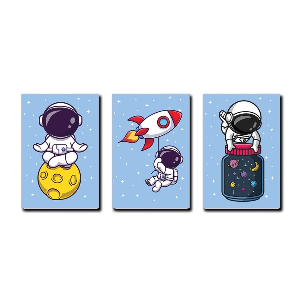 Kit Quadros Decorativos Mosaico 3 Peças Trio Infantil Astronauta Foguete Desenho Frase Sonhe Alto Criança estrela Lua Presente Desenho Brinquedo