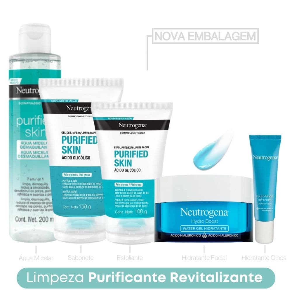 Kit Limpeza Gel de limpeza 150g Purified+ Esfoliante + Água Micelar + Hydro Boost Olhos + Hidratante