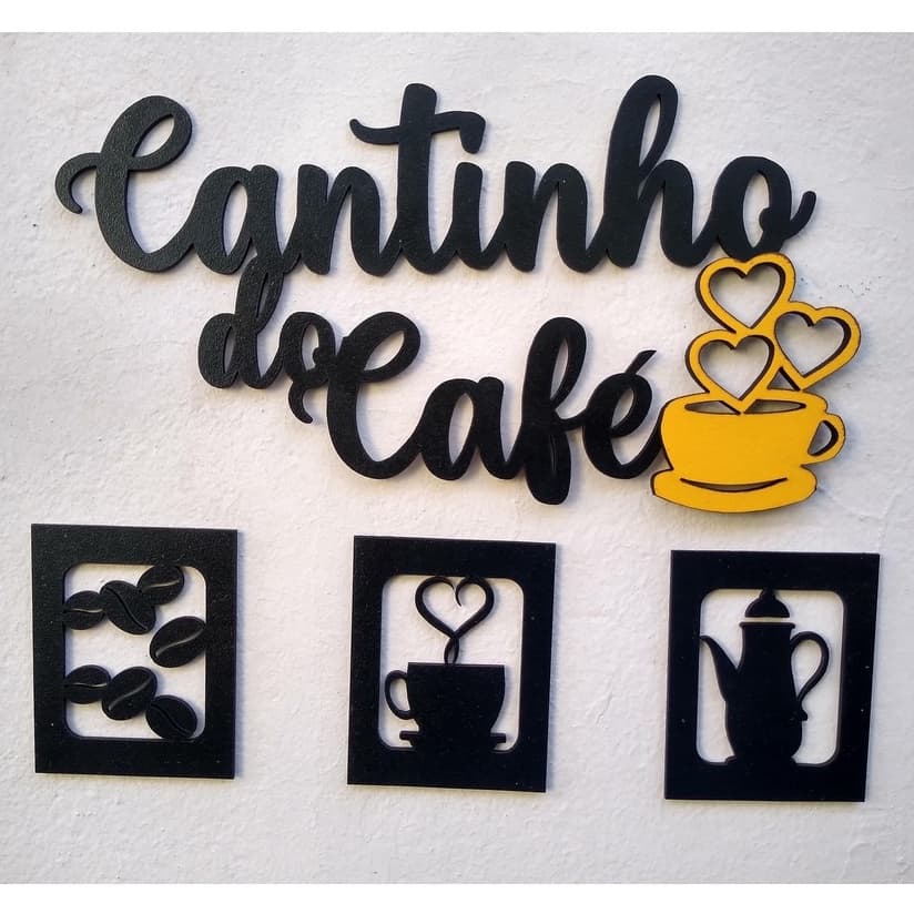 Kit Cantinho Do Café Alto Relevo 4 Peças 30x30cm Preto E Xicara Amarela Decoração Cozinha Plus Kit