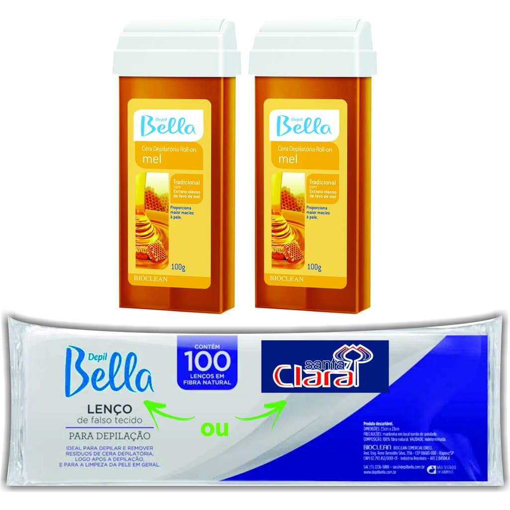 Kit Depilação Econômico 2 Refil Cera Rollon Mel e 1 Papel Cortado com 100 folhas Depil Bella