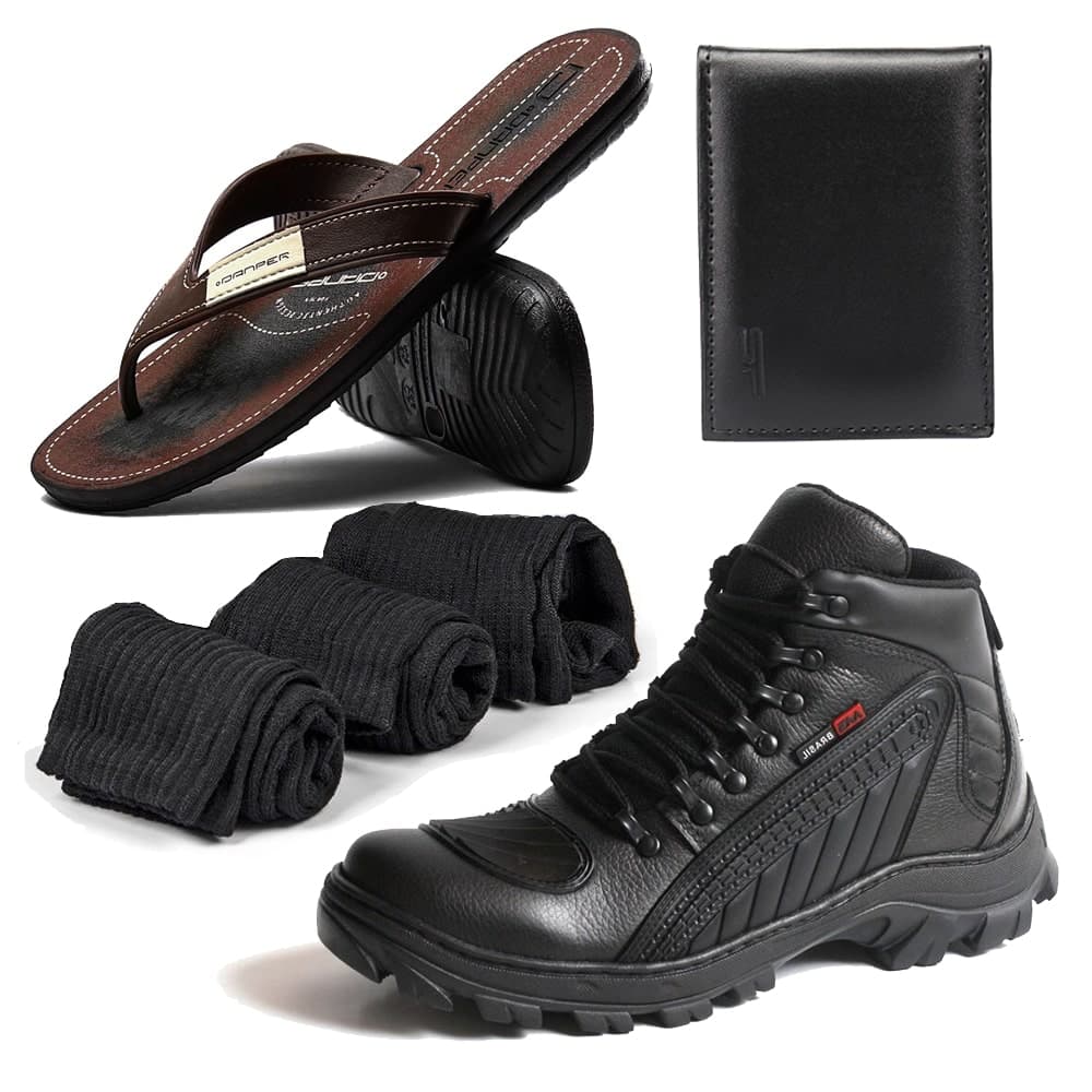 Kit Bota Couro Motociclista Adventure Dakar com Chinelo Carteira e 3 meias Masculino