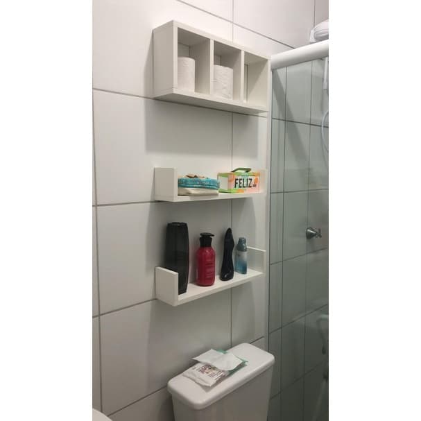 Kit Nichos Decorativos 2 prateleiras 1 Nicho com divisórias MDF/Branco Sala Banheiro e Quarto