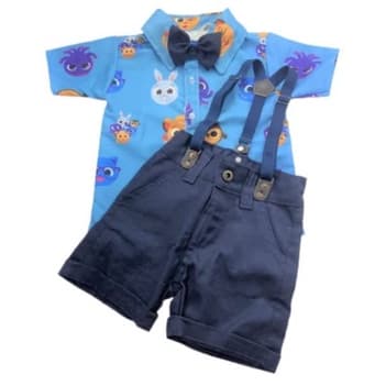 BOLOFOFOS Conjunto Kit Roupa Infantil Menino 4 Peças Camisa Gravata Bermuda e Suspensório Aniversário