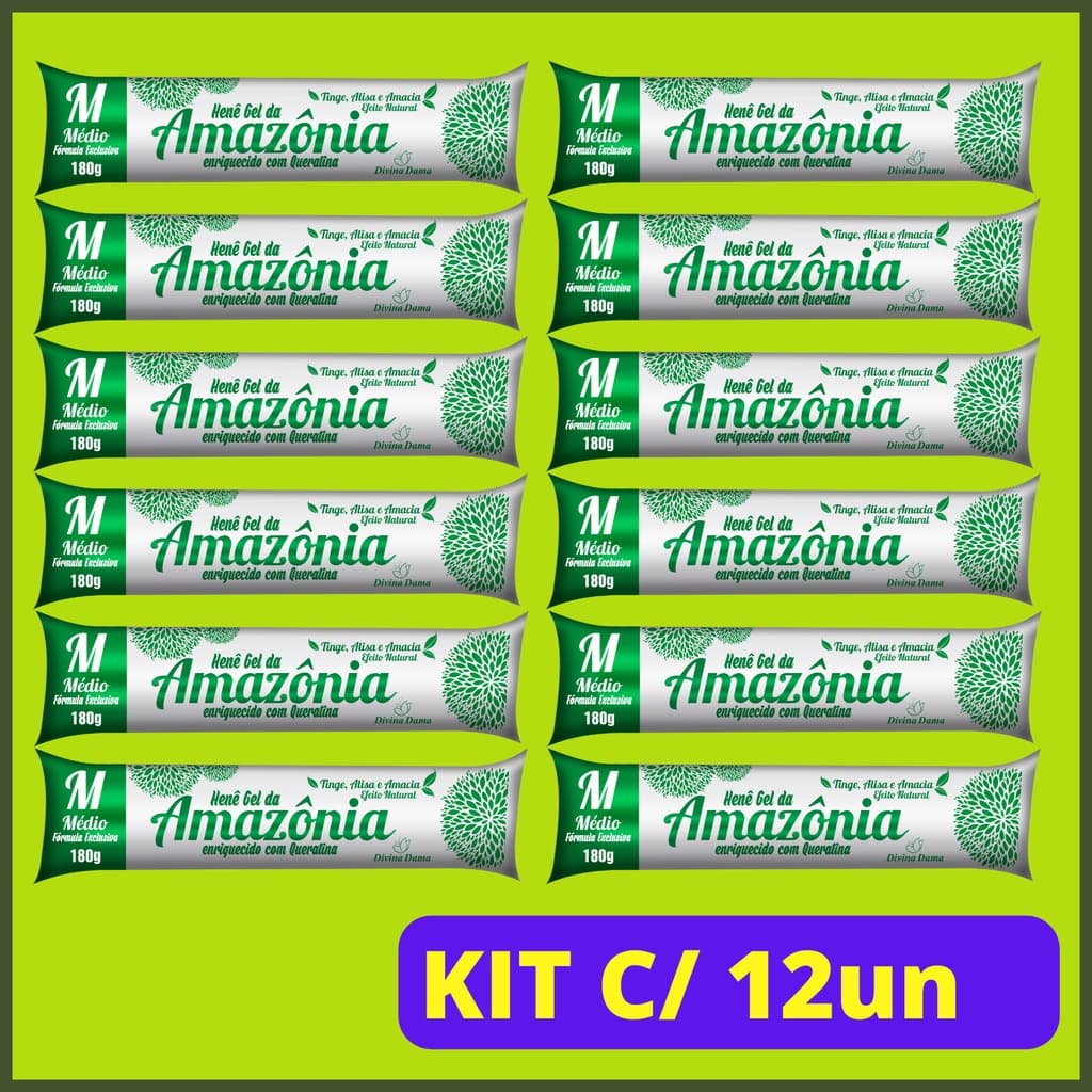 Henê AMAZÔNIA MÉDIO DIVINA DAMA 180gr Bisnaga - Kit 12UN  -  Henê em Gel Médio, Para Cabelo Finos e Médios, Alisante para cabelo, Cabelo Preto e brilhante