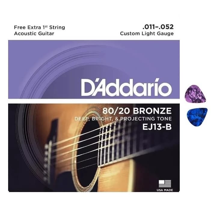 Encordoamento Aço Violão .011 D'addário 80/20 Bronze EJ13-B Daddario + 2 Palhetas