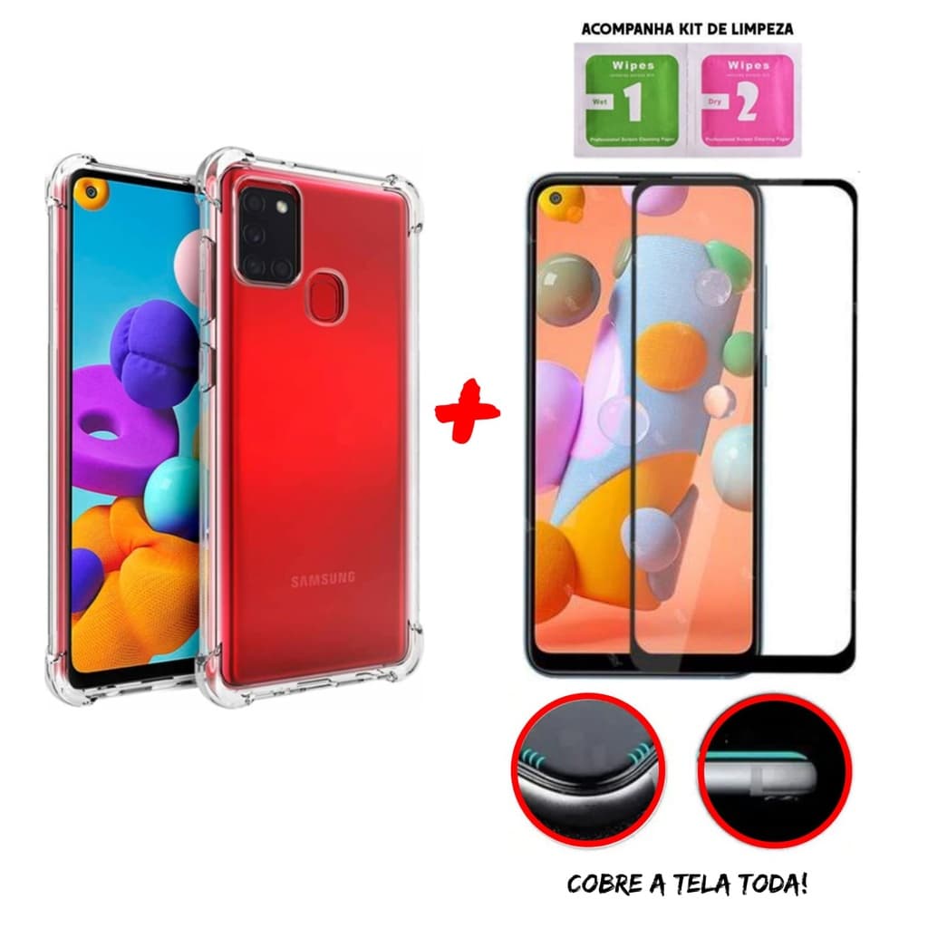 Kit Capinha Transparente Anti-Impacto  Para Samsung Galaxy A21 64GB + Película 3D de Vidro Temperado