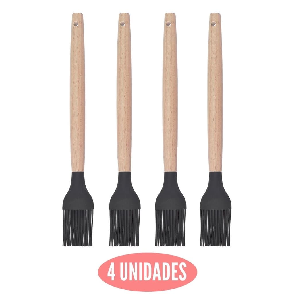 Kit 4 Pincel Culinário Silicone Preto Cabo Bambu Cheff