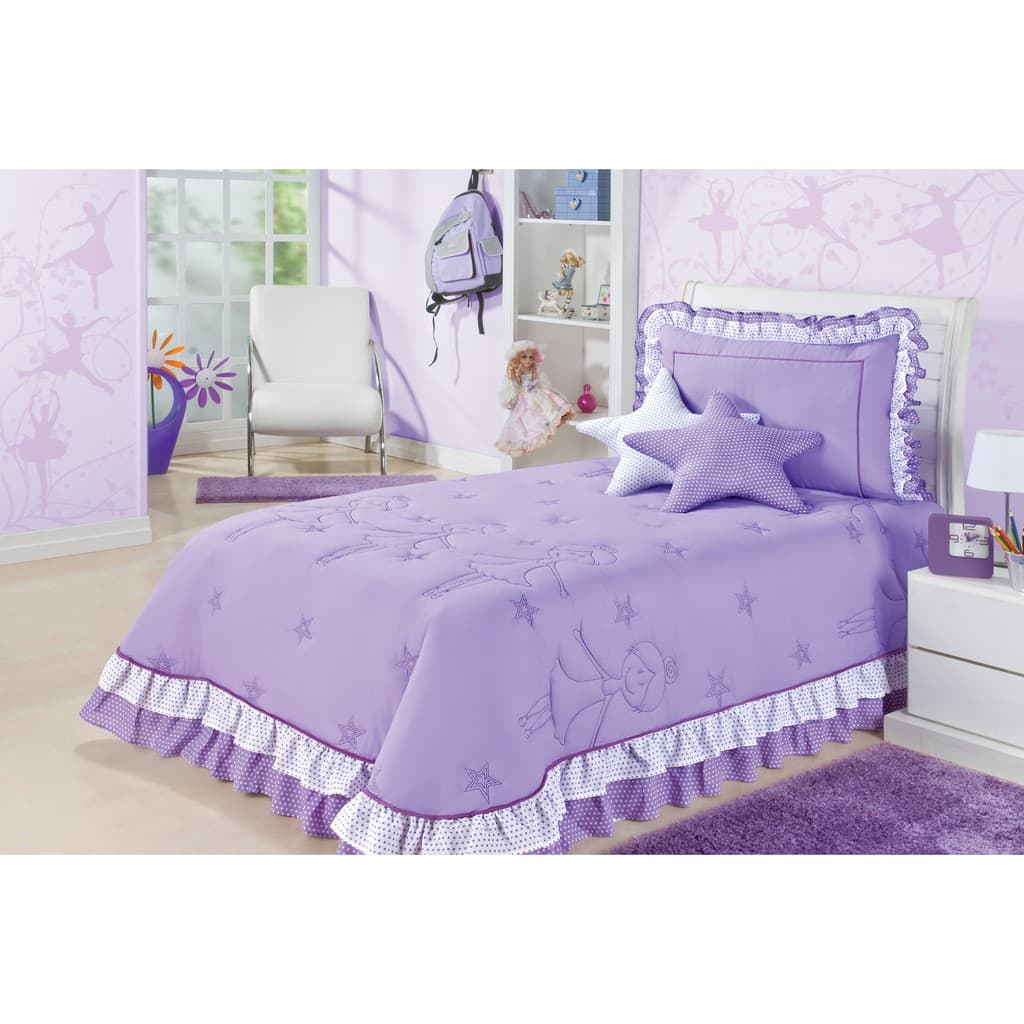 Kit Cobre Leito Colcha Solteiro Infantil Bordado Bailarina 4 Peças LILÁS