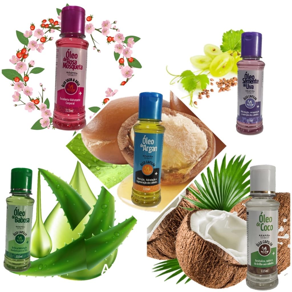 Óleos de Coco Óleo de semente de Uva Óleo de Rosa Mosqueta  Óleo de Babosa Óleo de Argan 115ml