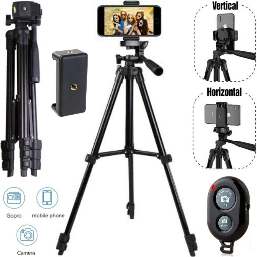 Kit Tripé 1,30m Com Suporte Para Celular Câmera Controle Remoto Bolsa Gravação Vídeo Filmagem