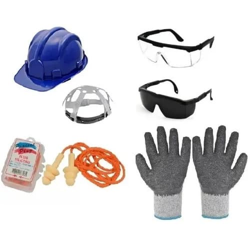 Obras construção Capacete de segurança, Óculos de proteção, Plug silicone, Luva Segurança Corrugada
