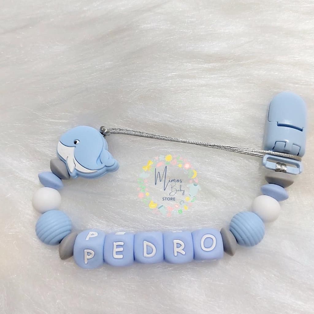 Prendedor de Chupeta e Mordedor Personalizado com Nome do Bebê de Silicone Baleia