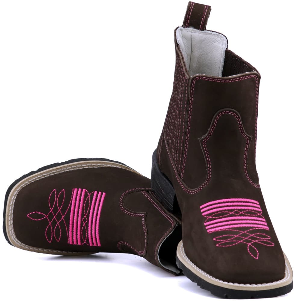Bota Feminina Texana Cano Curto De Couro Botina Bordado Rosa