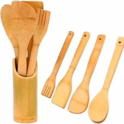 Jogo Porta Utensílios Cozinha Bambu Ecológico 5 Peças Talheres C Colher de Pau Espátula Garfo Resistente