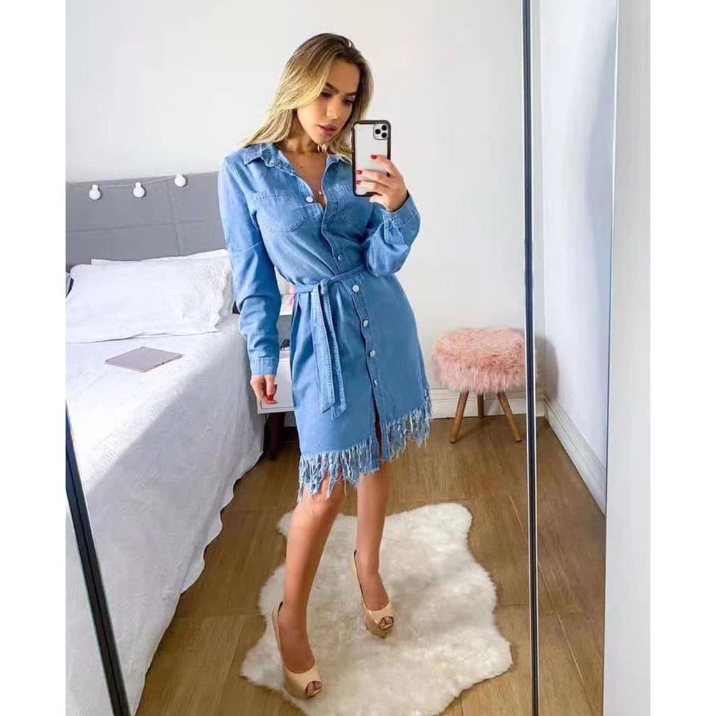 Vestido Jeans Feminino Midi Manga Longa Com Cinto.