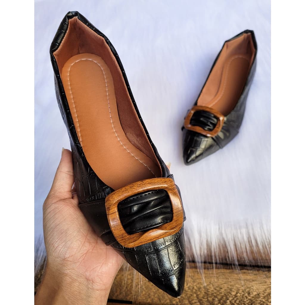 Sapatilha Feminina Bico Fino Preta Com Fivela Confortável Premium Sapato Feminino Casual Sandália Rasteirinha Promoção