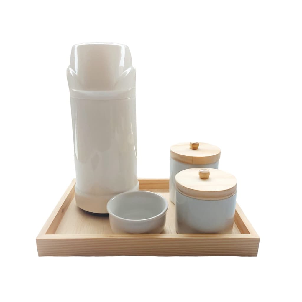 Kit Higiene Bebê Porcelana Branco Gelo 5 Peças Garrafa Termica Grande Puxador Potes Bandeja Pinus Retangular Molhadeira