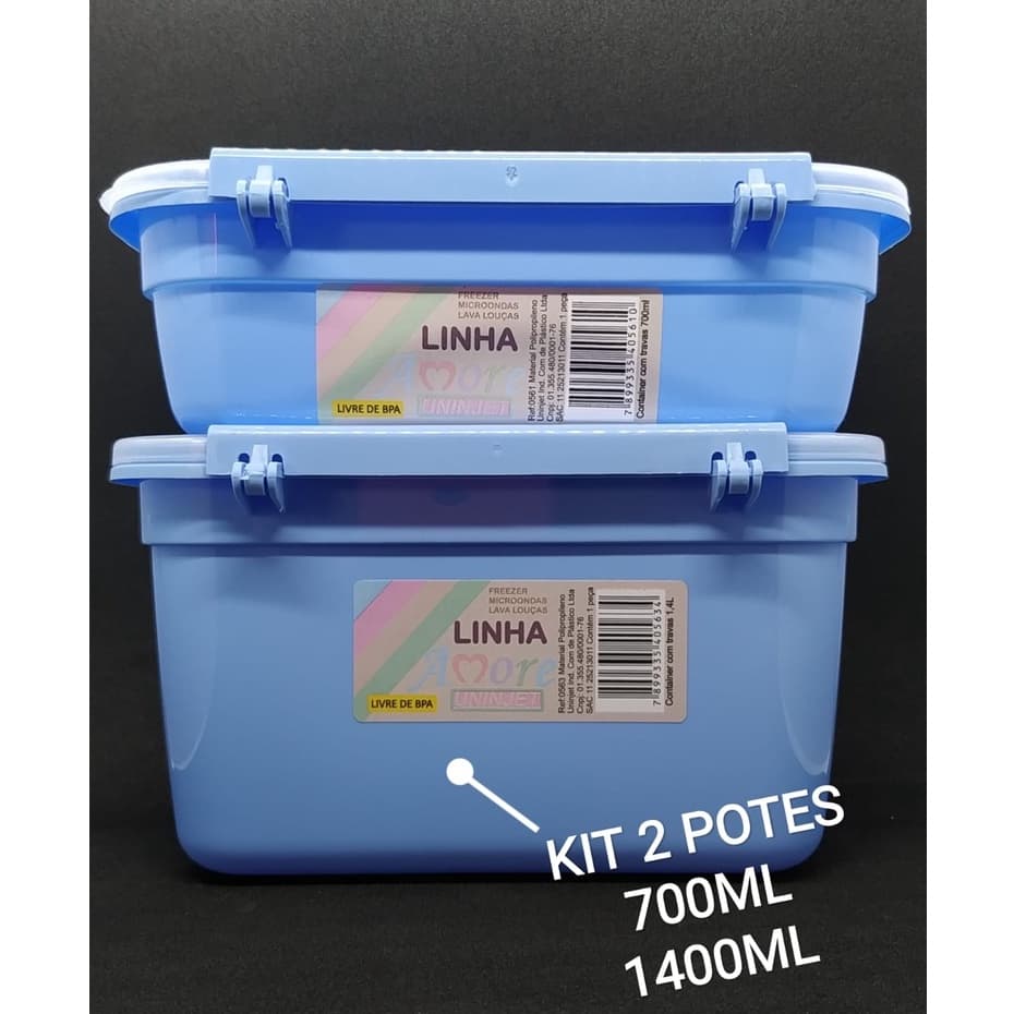 Kit de 2 potes plásticos organizadores 700 ml e 1400 ml com travas-serve para marmitas, guarda alimentos