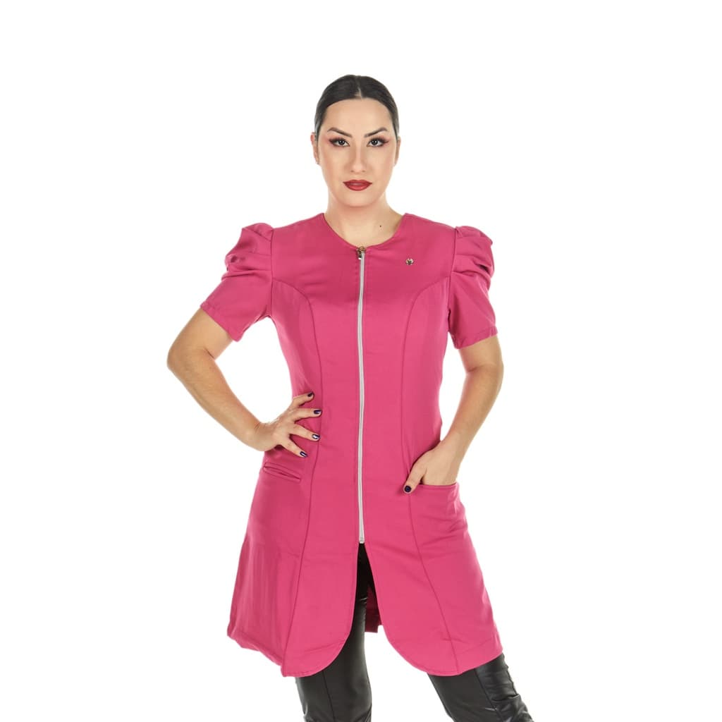 Jaleco Feminino Manga Curta Bufante Princesa Zíper Acinturado Rosa Pink Esteticista Salão de Beleza