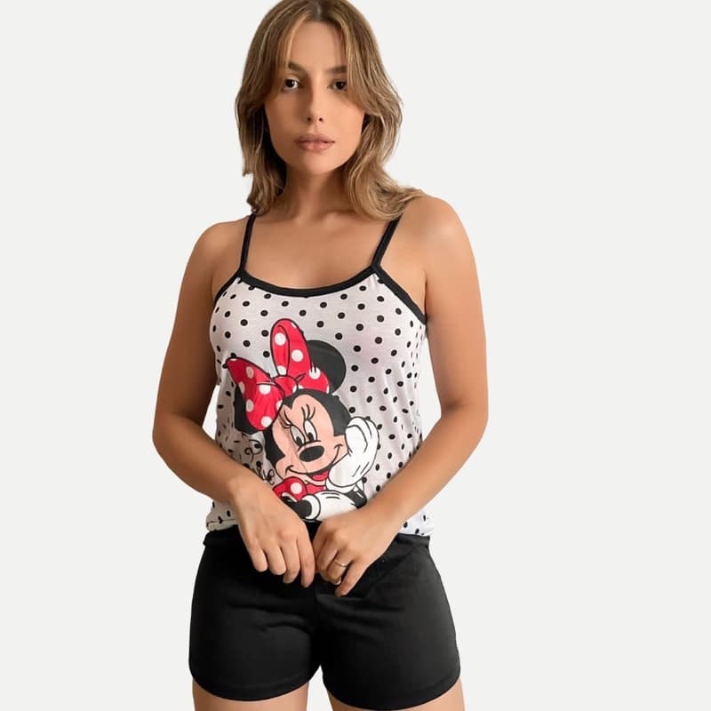 Pijama baby doll minnie poá alcinha short doll verão