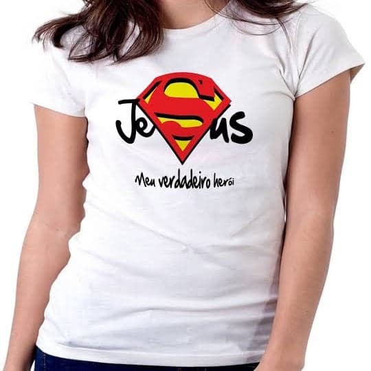 Camiseta "Jesus Meu Super Herói", Camiseta Poliéster, camiseta Personalizada