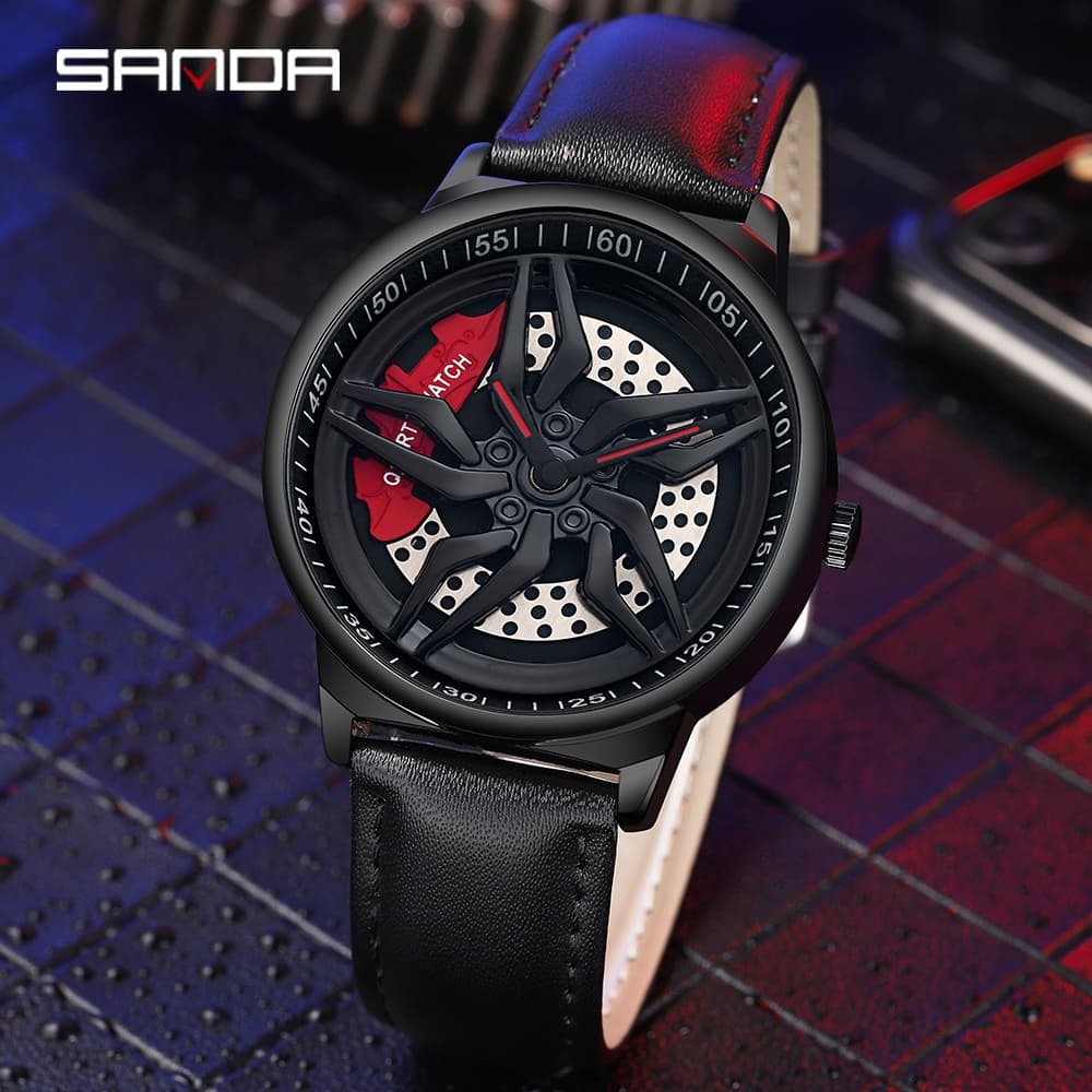 SANDA Luxo Moda Masculina 360 ° Relógio De Pulso Quartzo À Prova D'água Com Mostrador Giratório E Pulseira De Couro