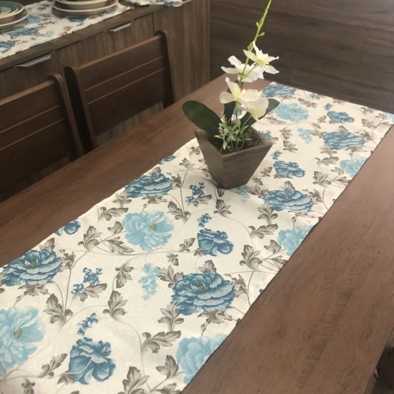 Trilho Caminho de Mesa  Posta estampado Floral Azul 1,40 x 0,46