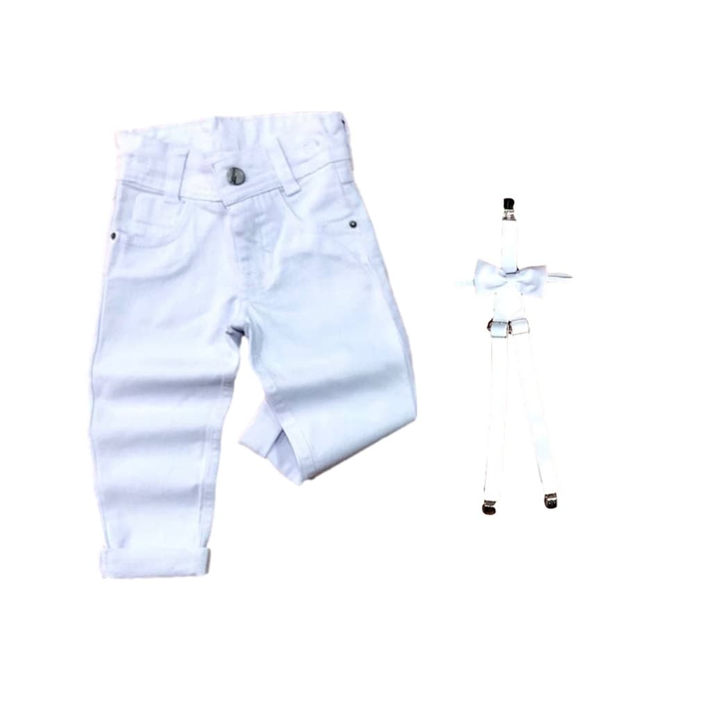 Calça Infantil Masculina Branca De Sarja + Kit Suspensório e Gravata