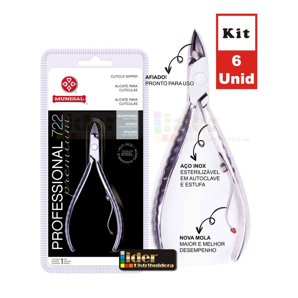 Kit 6 Alicates Mundial 722 Profissional de Inox para Cutícula ORIGINAL