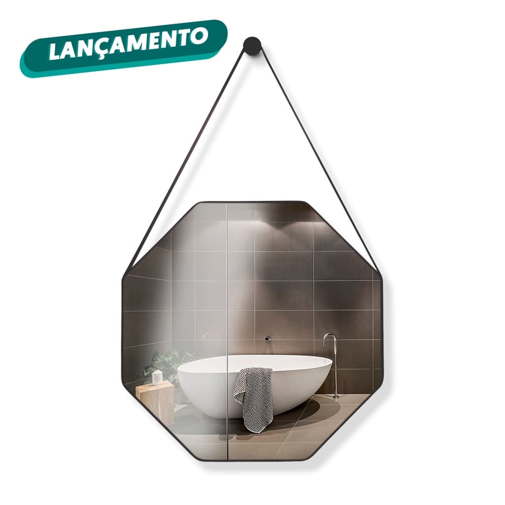 Espelho Decorativo Banheiro Octagonal Redondo 60cm Alça De Couro + Pino Completo