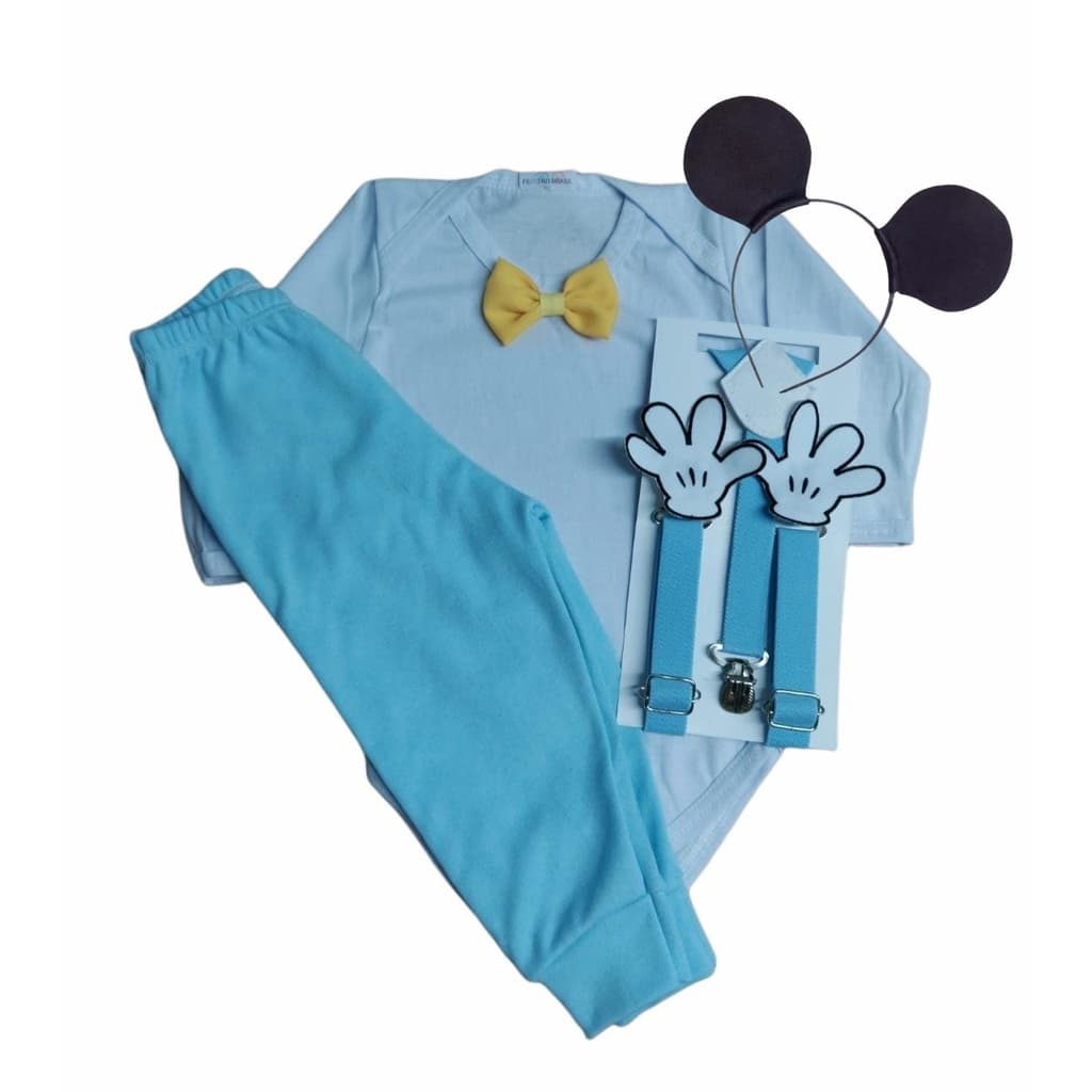 Conjunto Masculino Infantil Azul Bebês Menino Roupa Fantasia Aniversário Body + Calça + Suspensório