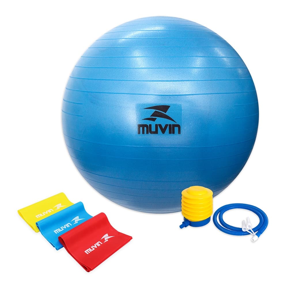 Kit Bola Pilates 65cm Muvin – Antiestouro – Até 300kg + Kit Faixa Elástica 3 Tensões –150cm x 15cm