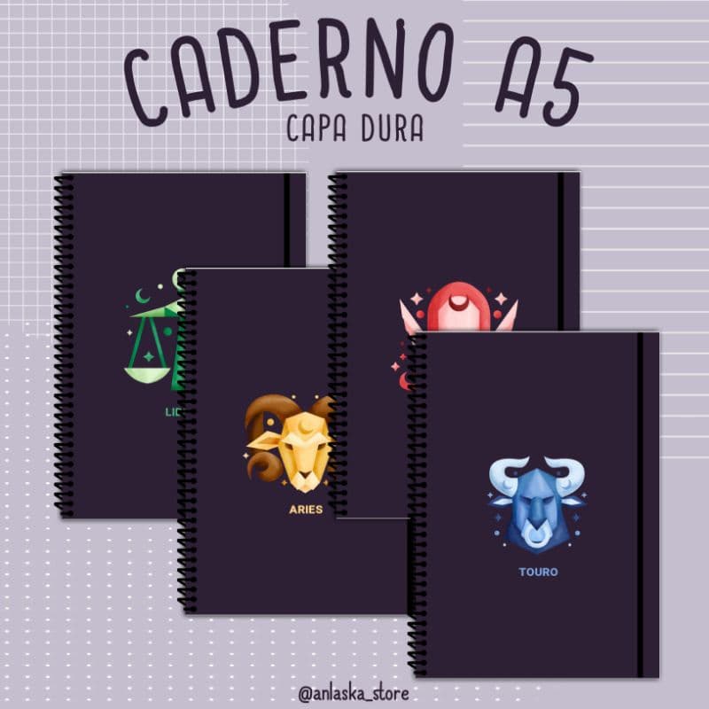 Caderno dos Zodíacos A5 com capa dura e espiral na lateral.
