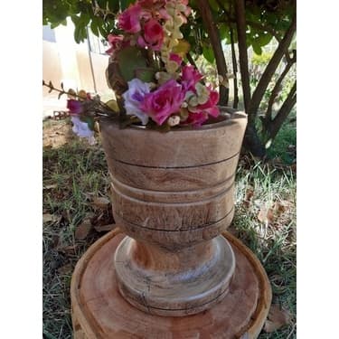 Suporte De Vaso Estilo Pilão De Madeira Rústico Com Detalh