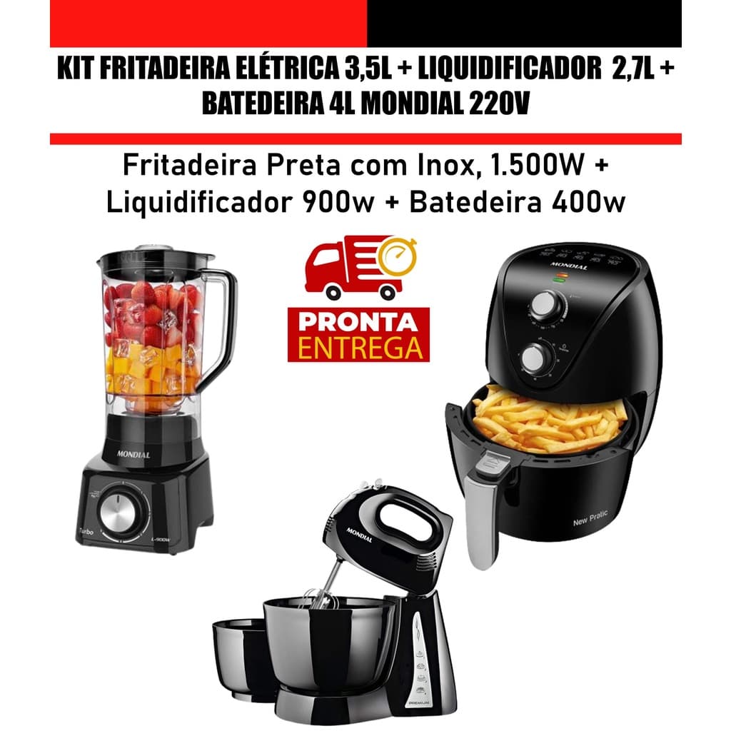 Kit Preto Fritadeira Elétrica 3,5L + Liquidificador com Copo  2,7L + Batedeira Bacia 4L Mondial 220V
