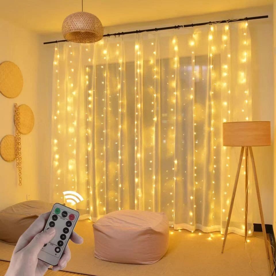Cortina De Fio De Fada 300 Leds (ENTRADA USB) 3x3m Amarela/Branca 8 Modos Com Controle