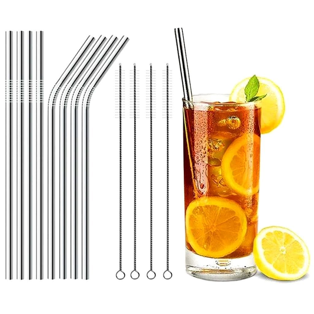Canudos Reutilizavel Aco Inox  Kit 8 Canudos  4 Reto E 4Curvo + 4 Escovas