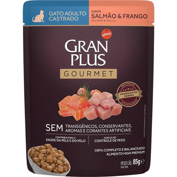 10 Unidiade Sache Ração Úmida Gran Plus Gourmet Sachê Salmão & Frango para Gatos Castrados