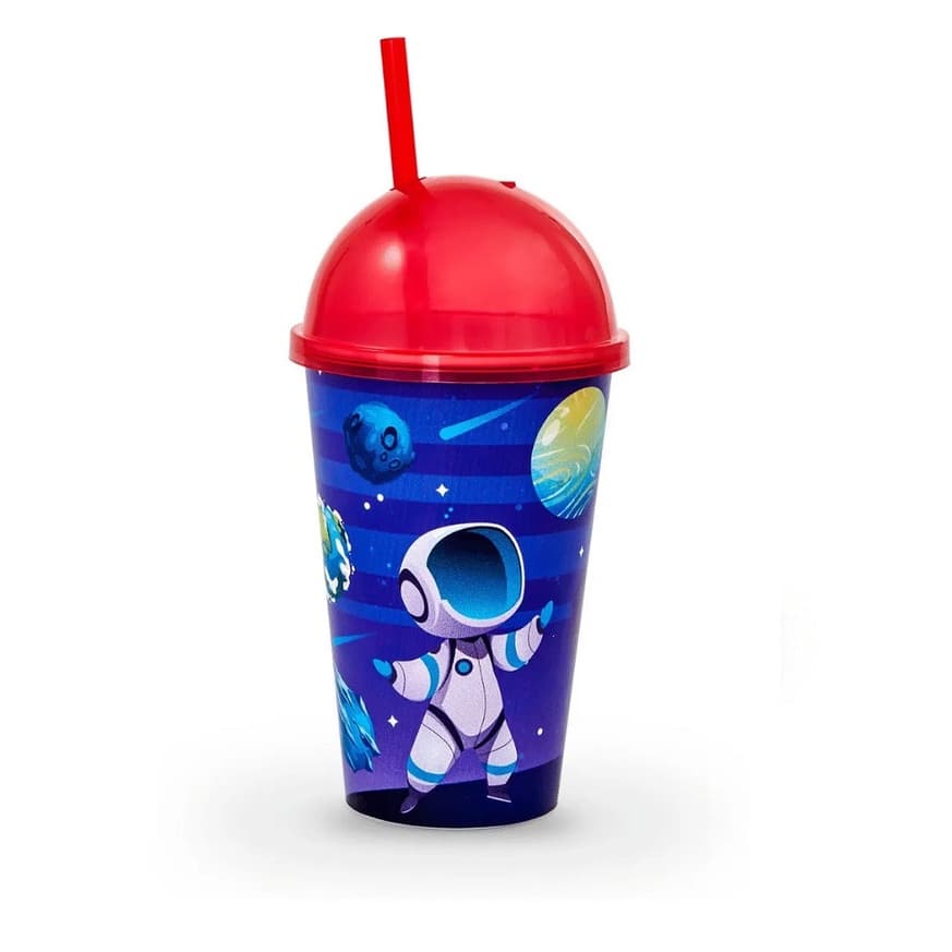 Copo Infantil 550ml Milk Shake Decorado C/ Canudo Astronauta