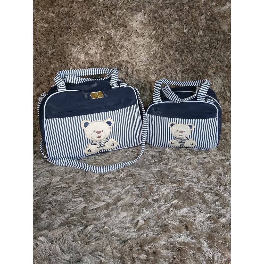 Kit Bolsa de maternidade / bebê tema Ursinho urso listrado azul marinho e branco Bolsa G e Bolsa M