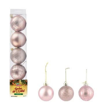 Bola De Natal Cristal 7cm 5 Peças Rose