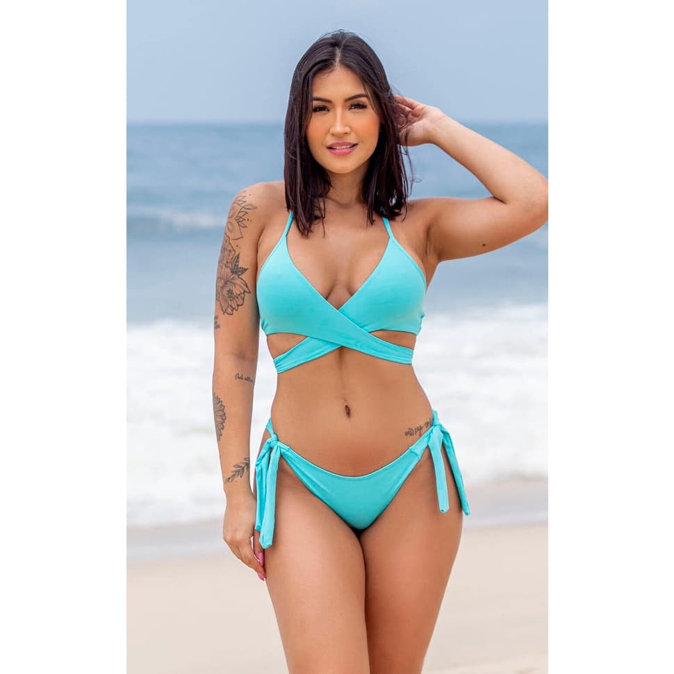 Conjunto Biquíni Top Transpassado com Calcinha Empina Bumbum Azul Piscina