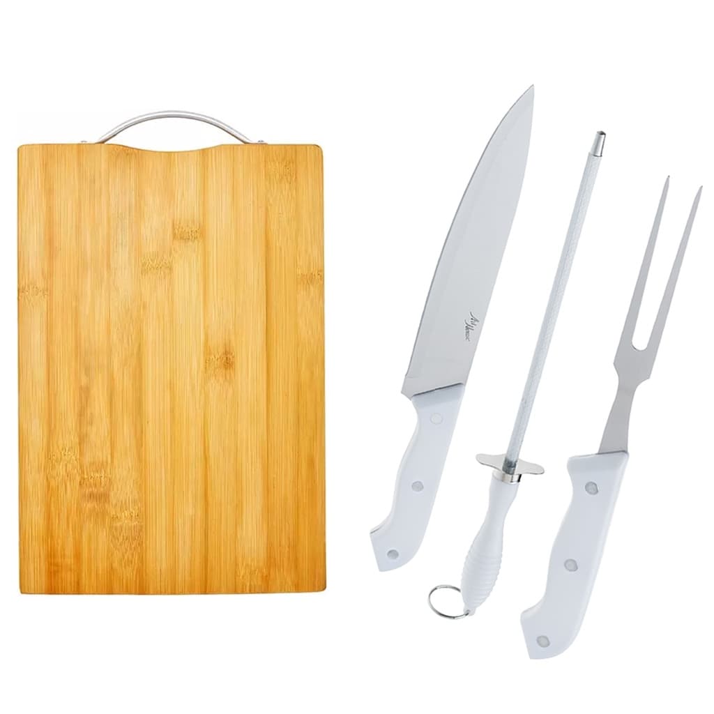 Kit Churrasco Aço Cabo Plástico Garfo Faca Chaira Tábua 22cm X 32cm