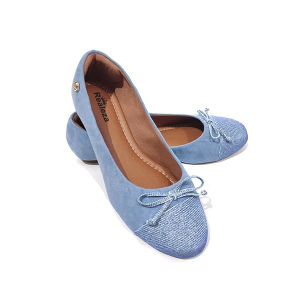 Sapatilha Feminina Bico Redondo Azul Brilho Conforto Calçados Femininos