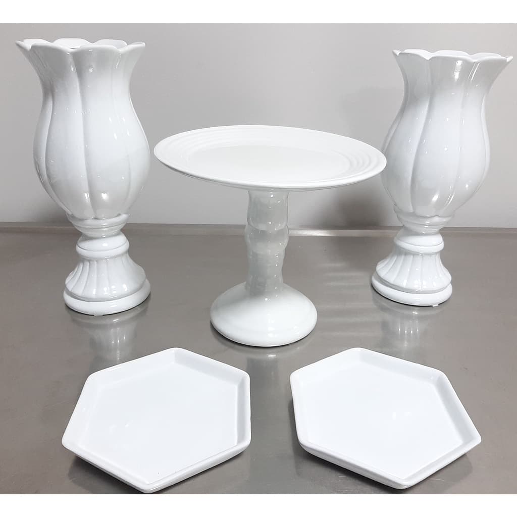 Kit Decoração Festa 1 Boleira 2 Taça 2 Doceira Cerâmica