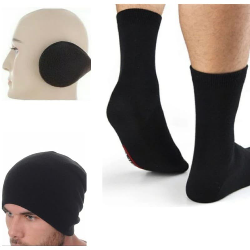 Kit Térmico MEIA + TOUCA + AQUECEDOR ORELHA OUVIDO Frio Inverno Adulto Cor Preto