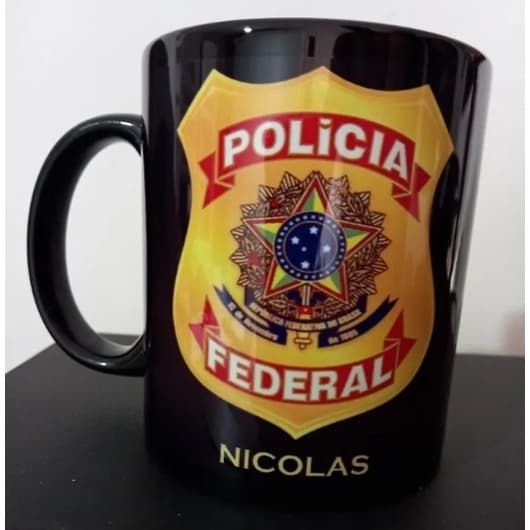 Caneca De Cerâmica Preta Personalizada Polícia Federal Pf com nome