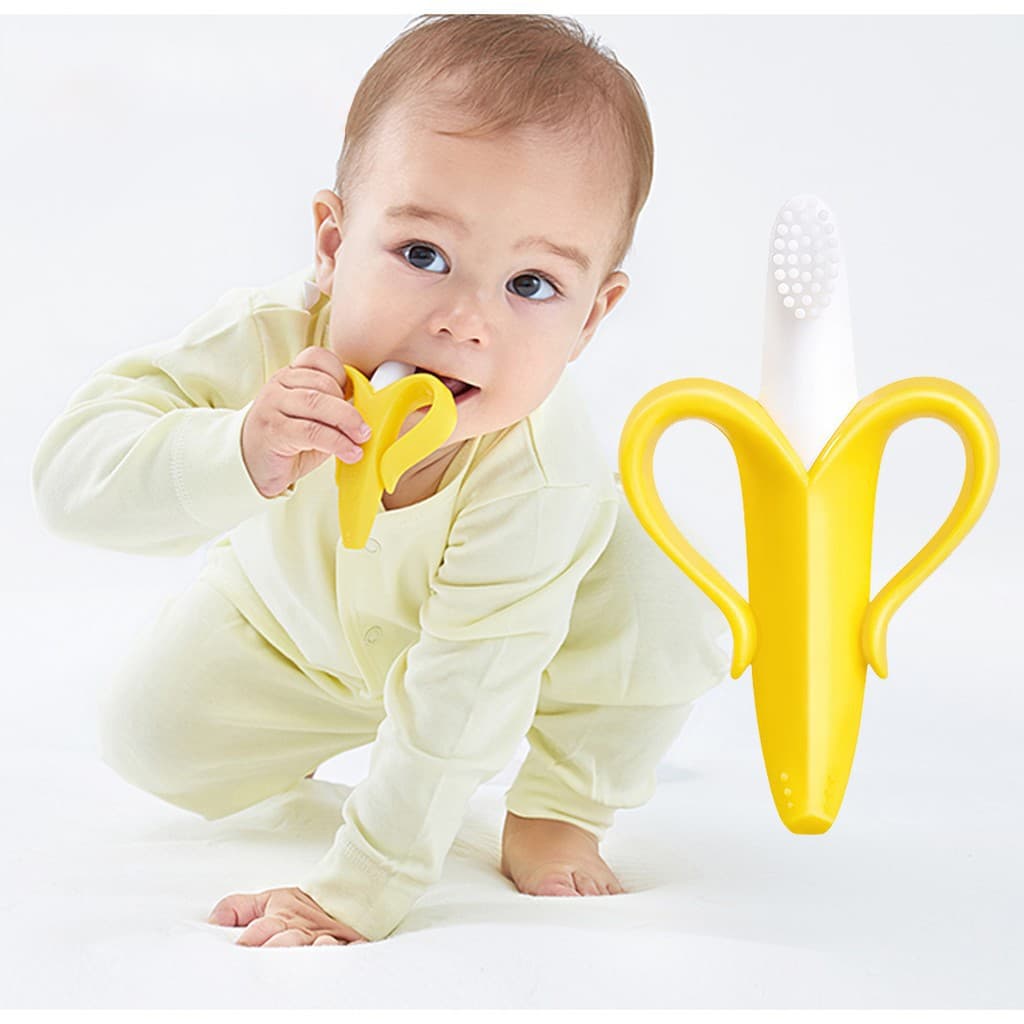 Mordedor Infantil Escovinha Banana Escova Dental para Bebês Mordedor de Silicone Infantil do Bebê Massageador de Gengiva - Com cerdas - Escovinha de treinamento