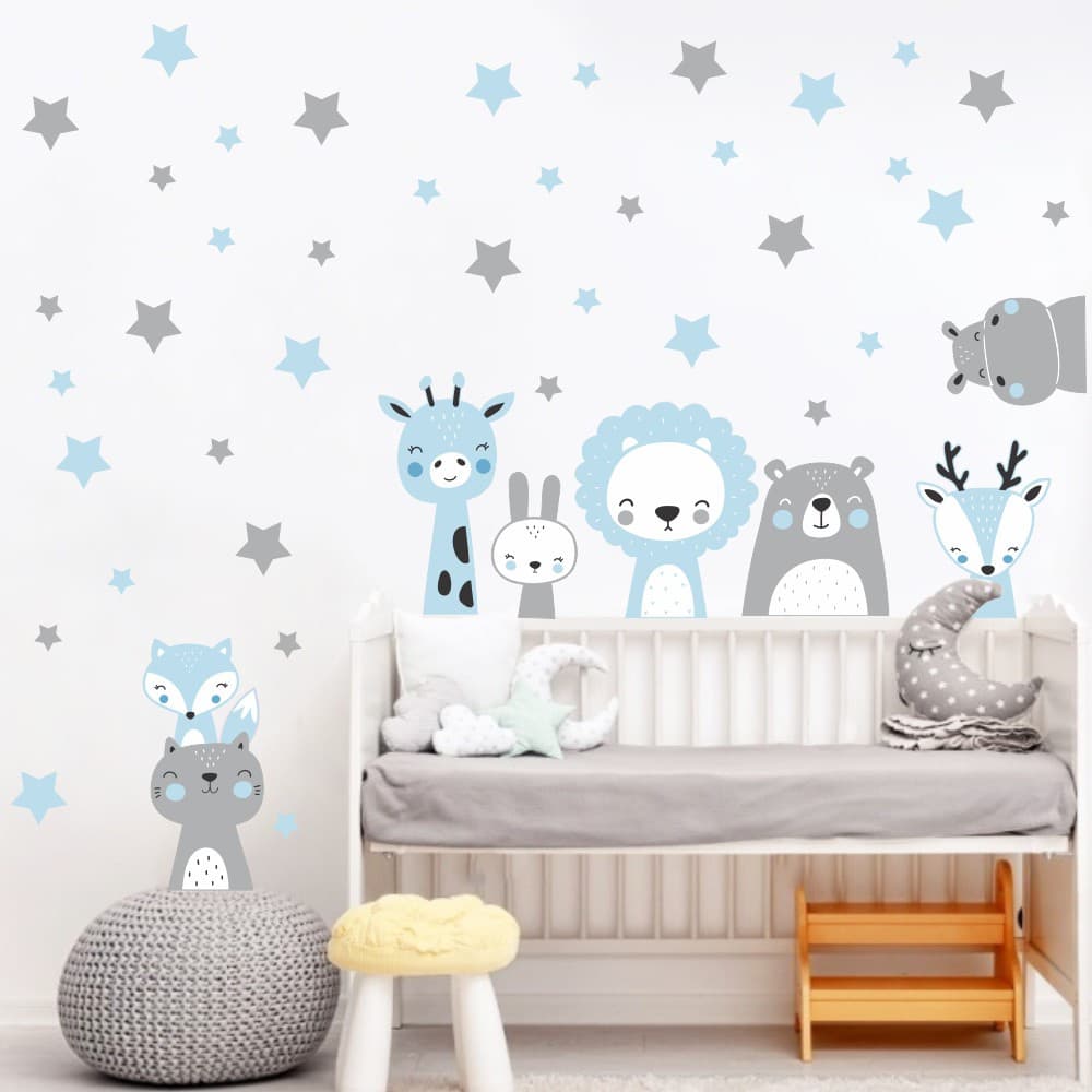 Adesivo Parede Infantil Animais Bichinhos baby e Estrelas Azul e Cinza decoração quarto bebê